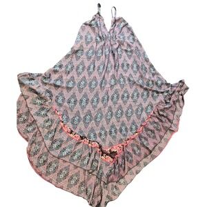 Karma Highway Pink Blue Geometric Paisley Ruffle High Low Maxi Dress OS NWT